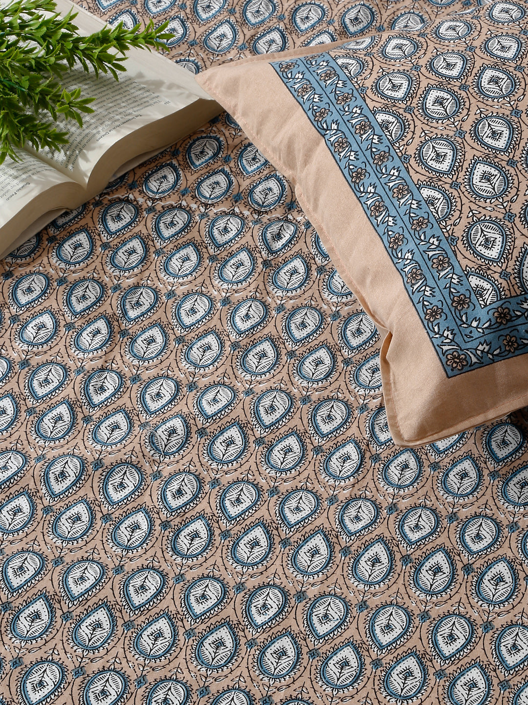 Rajasthan Decor Blue And Brown Cotton Buti Print King Bed sheet with 2 Pillow Covers