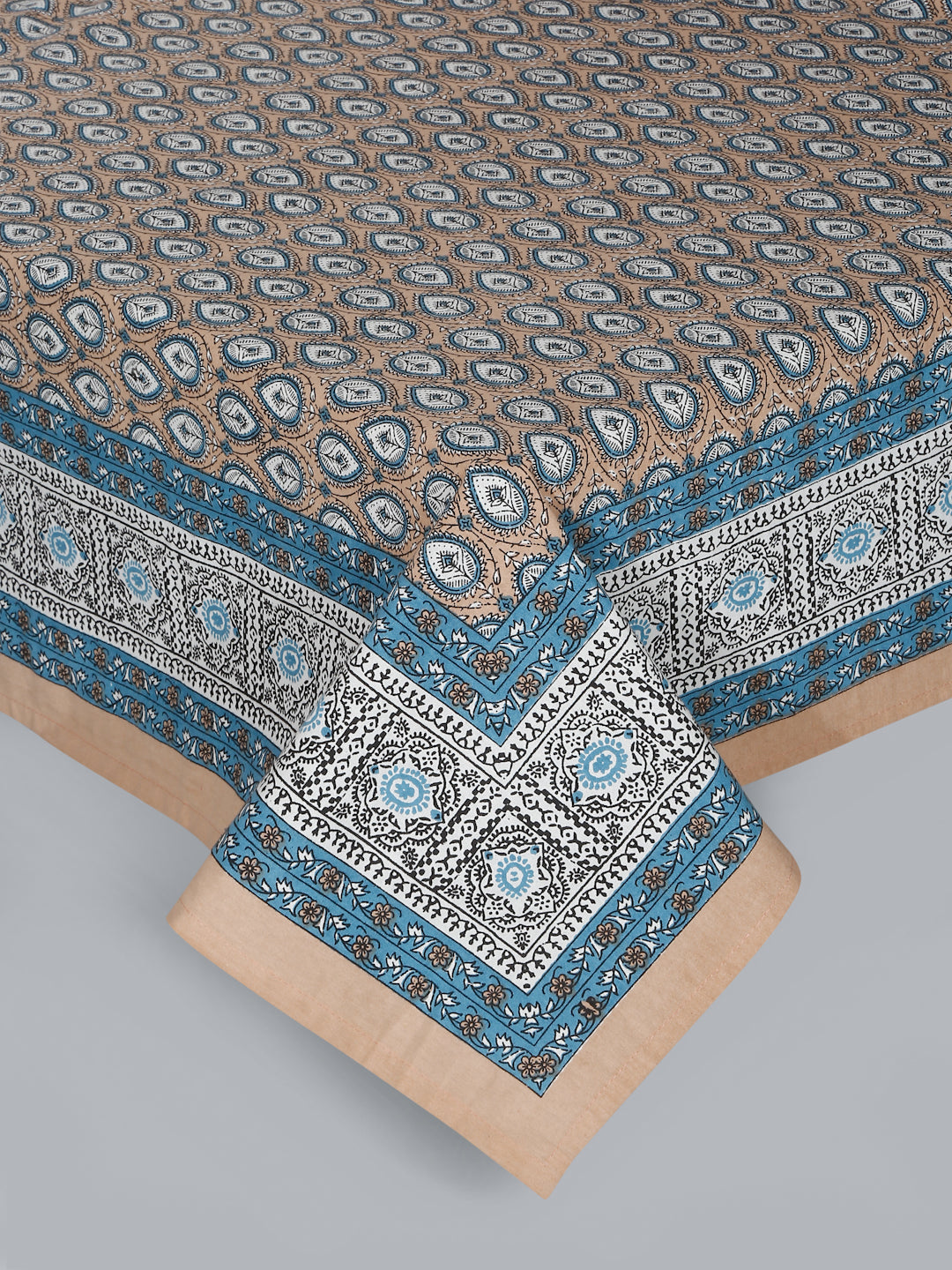 Rajasthan Decor Blue And Brown Cotton Buti Print King Bed sheet with 2 Pillow Covers