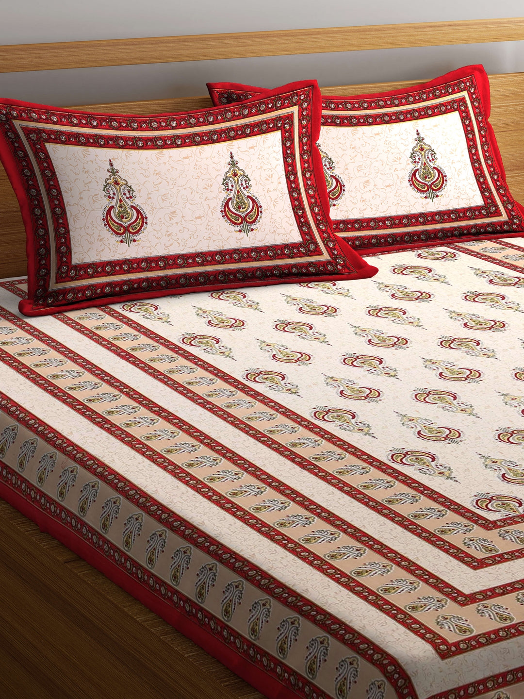 Screen Block Print Jaipuri Red and White Cotton Double Bedsheet with 2 Pillow Covers