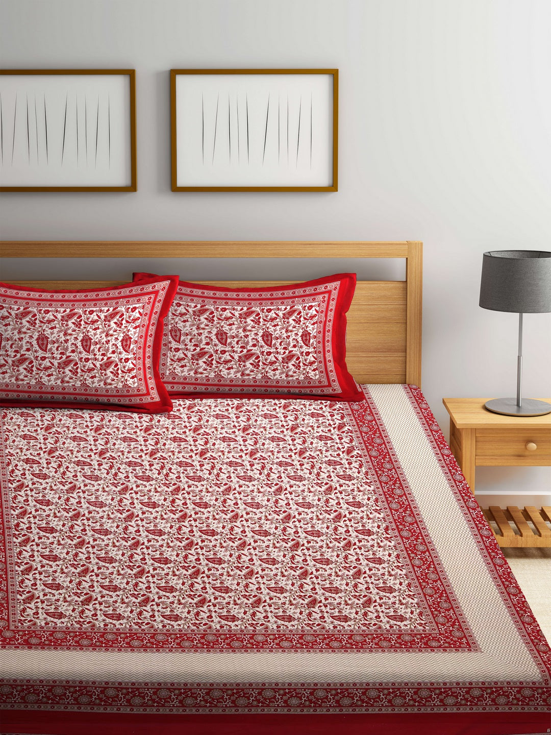 Cotton Screen Block Print Jaipuri Red and White Double Bedsheet with 2 Pillow Covers