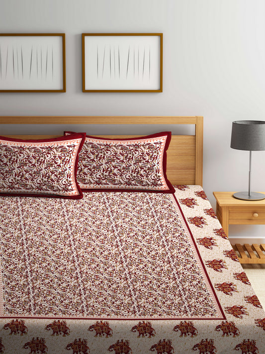 Beige and Peach Color Screen Block Print Jaipuri Double Bedsheet with 2 Pillow Covers