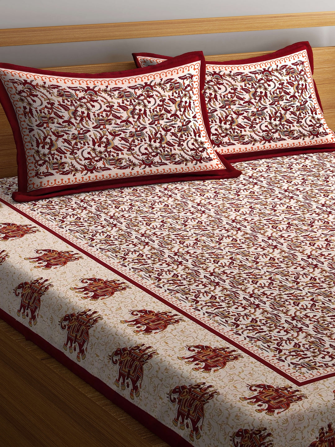 Beige and Peach Color Screen Block Print Jaipuri Double Bedsheet with 2 Pillow Covers