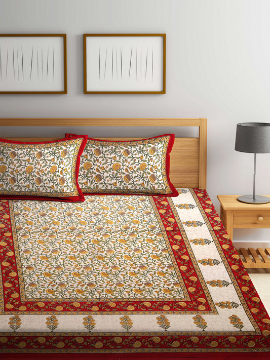 Beige and Peach Red Color Floral Print Jaipuri Double Bedsheet with 2 Pillow Covers