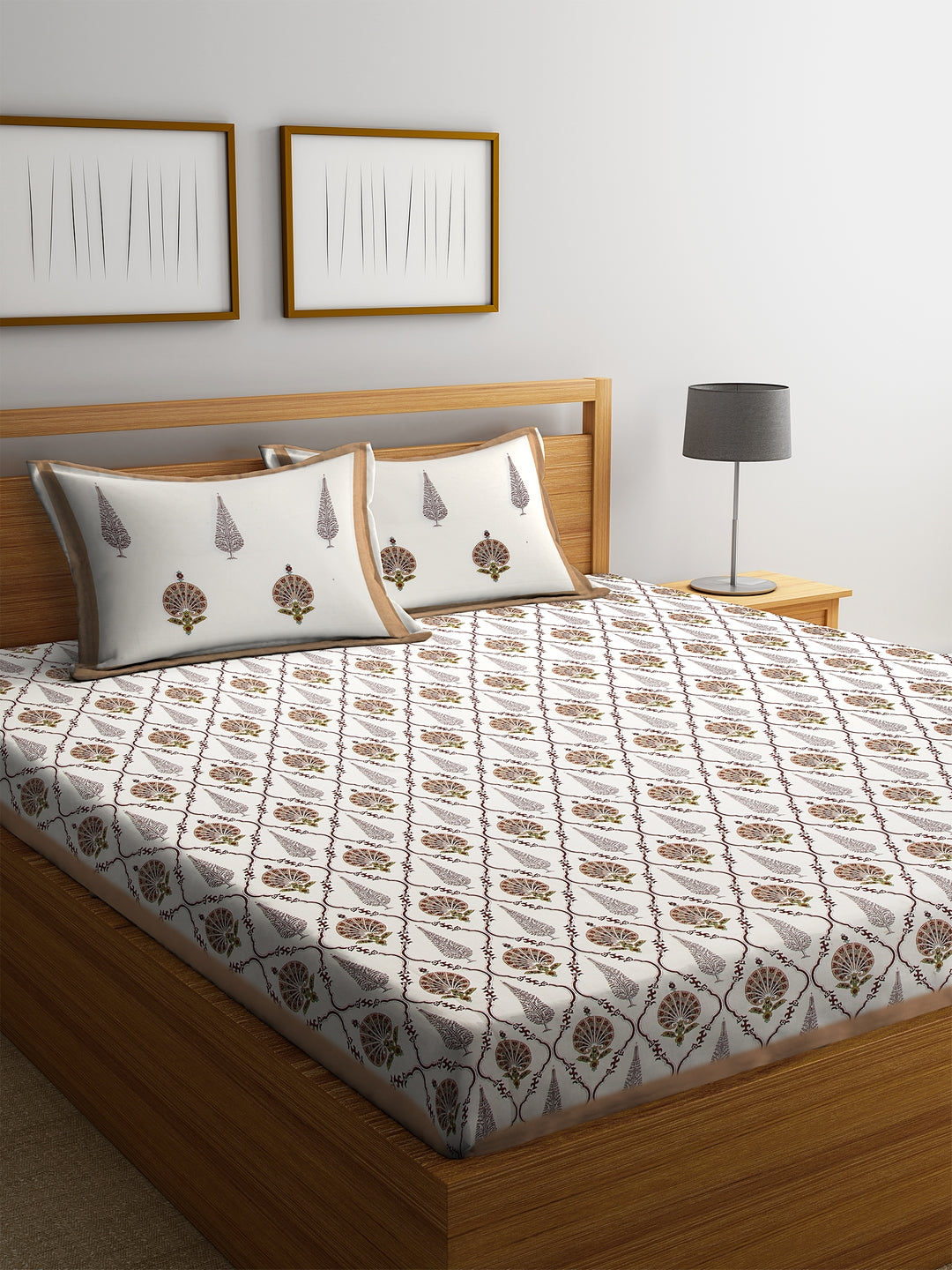 Rajasthan Decor Screen Block Print Jaipuri Cotton Floral Pattern King Bedsheet with 2 Pillow Covers