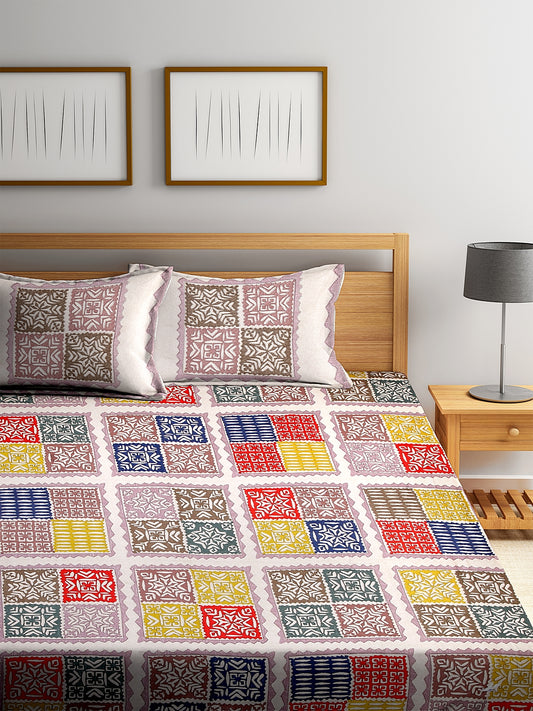 Screen Block Print Jaipuri Cotton Geometric Pattern King Size Bedsheet with 2 Pillow Covers