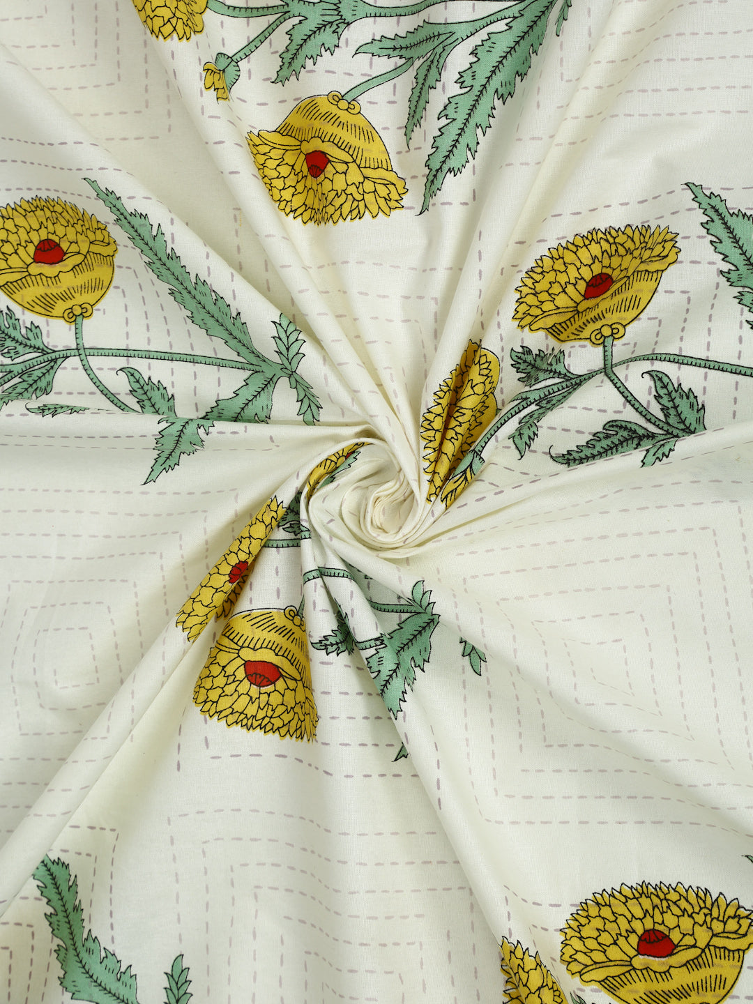 Cream Color Yellow Floral Print Cotton King Bed Sheet with 2 Pillow Covers