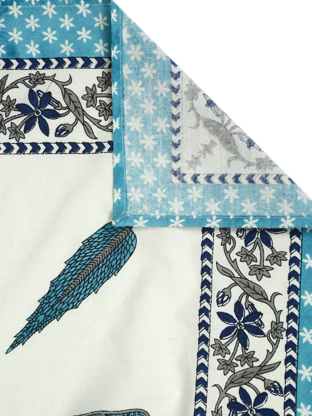 Cream Color Sky Blue Floral Print Cotton King Bed Sheet with 2 Pillow Covers