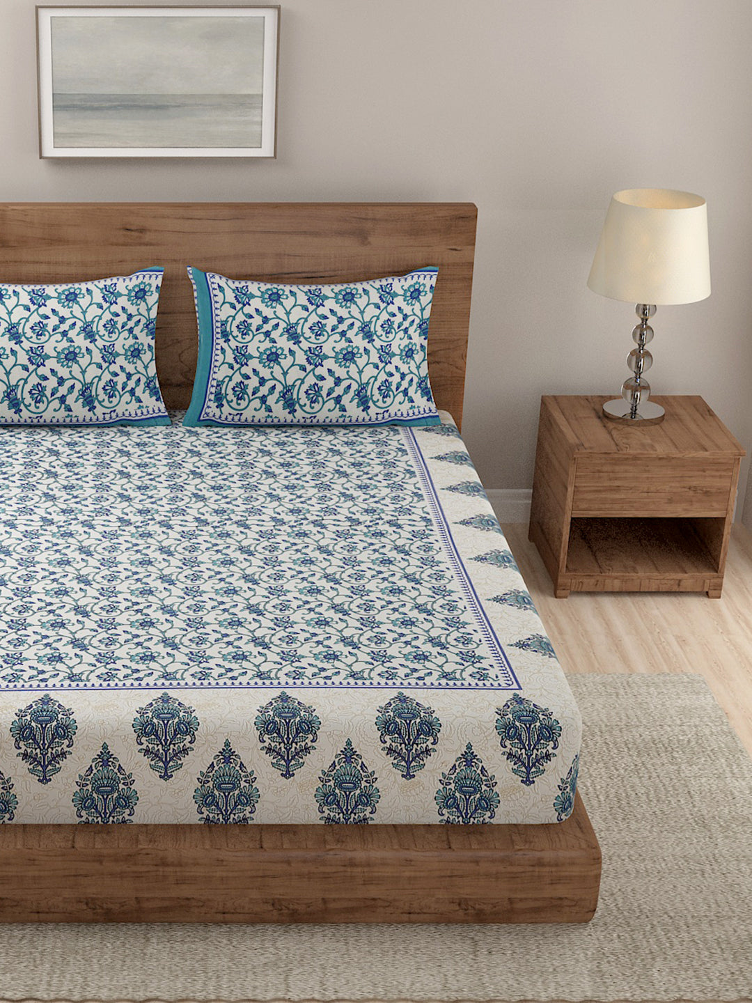 White and Green Floral Print Double Bed sheet with 2 Pillow Covers