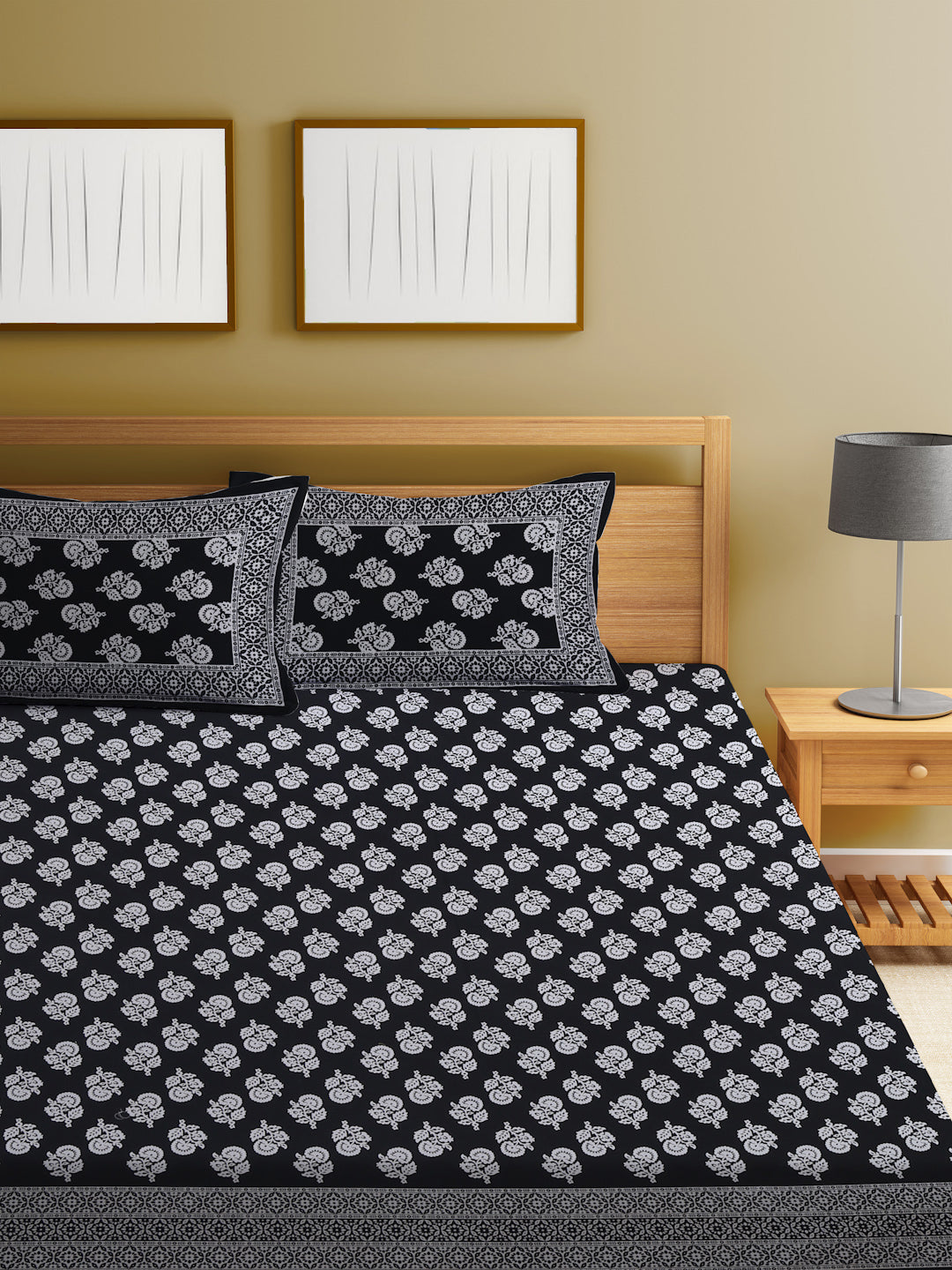 Cotton Floral Print Black Color Double Bed sheet with 2 Pillow Covers