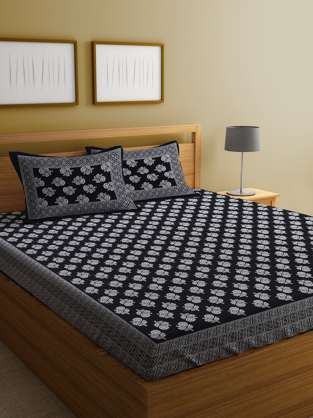 Cotton Floral Print Black Color Double Bed sheet with 2 Pillow Covers