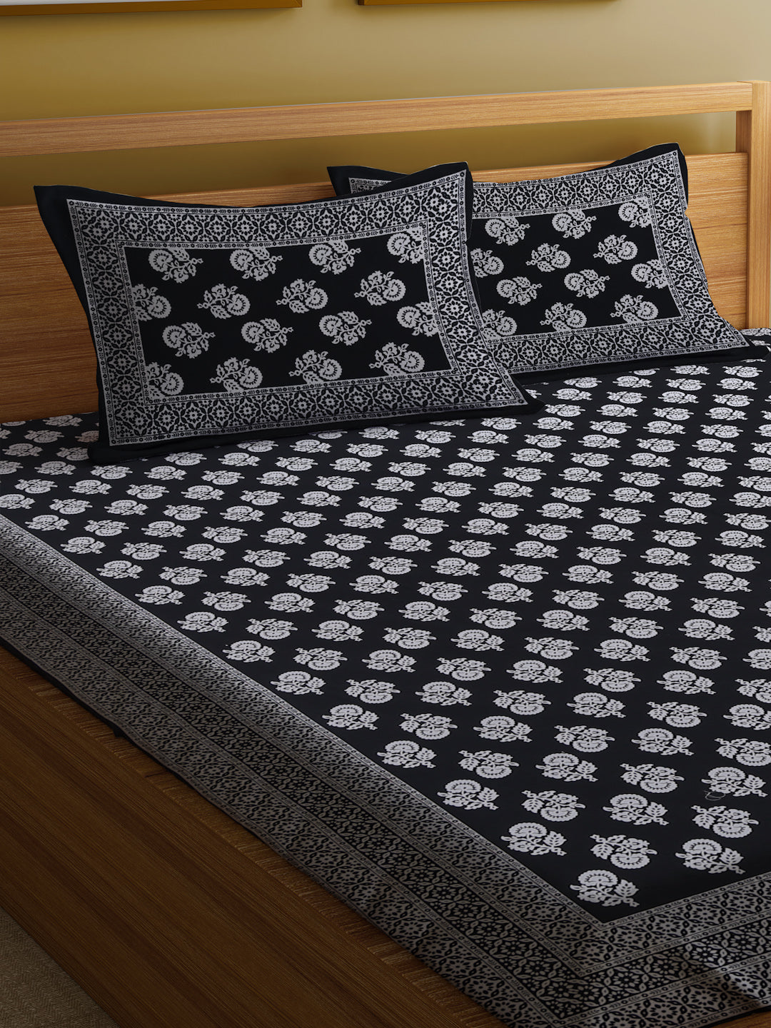Cotton Floral Print Black Color Double Bed sheet with 2 Pillow Covers
