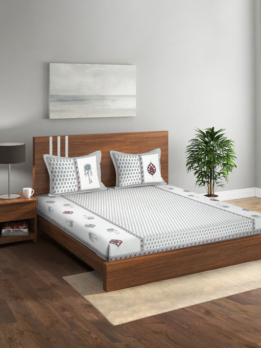 White and Turquoise Cotton Jaipur Print Floral King Size Bedsheet with 2 Pillow Covers