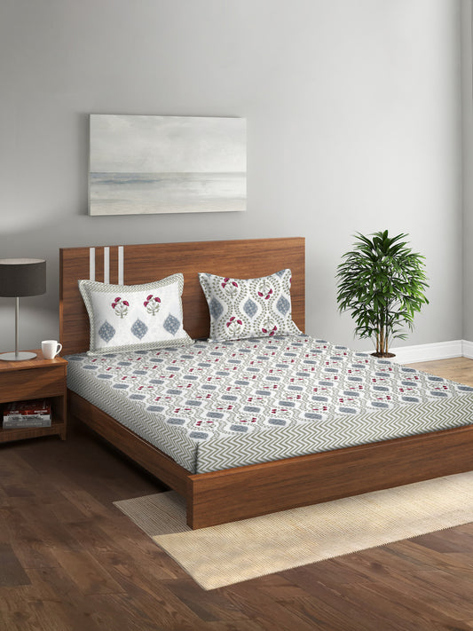 White and Grey Cotton Jaipur Floral Print King Size Bedsheet with 2 Pillow Covers