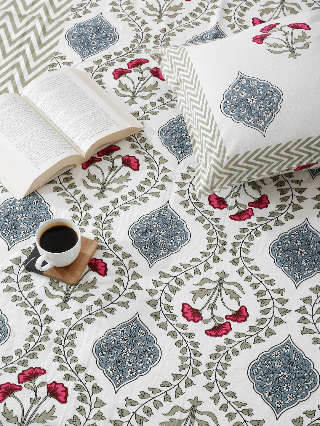 White and Grey Cotton Jaipur Floral Print King Size Bedsheet with 2 Pillow Covers