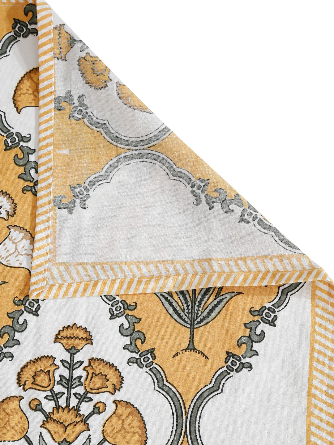 White and Yellow Cotton Jaipur Print Floral King Size Bedsheet with 2 Pillow Covers