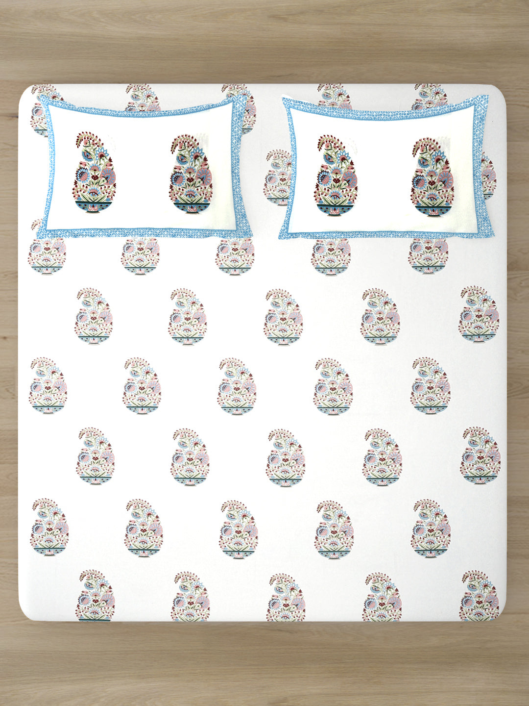 White Cotton Paisley Print King Bed sheet with 2 Pillow Covers