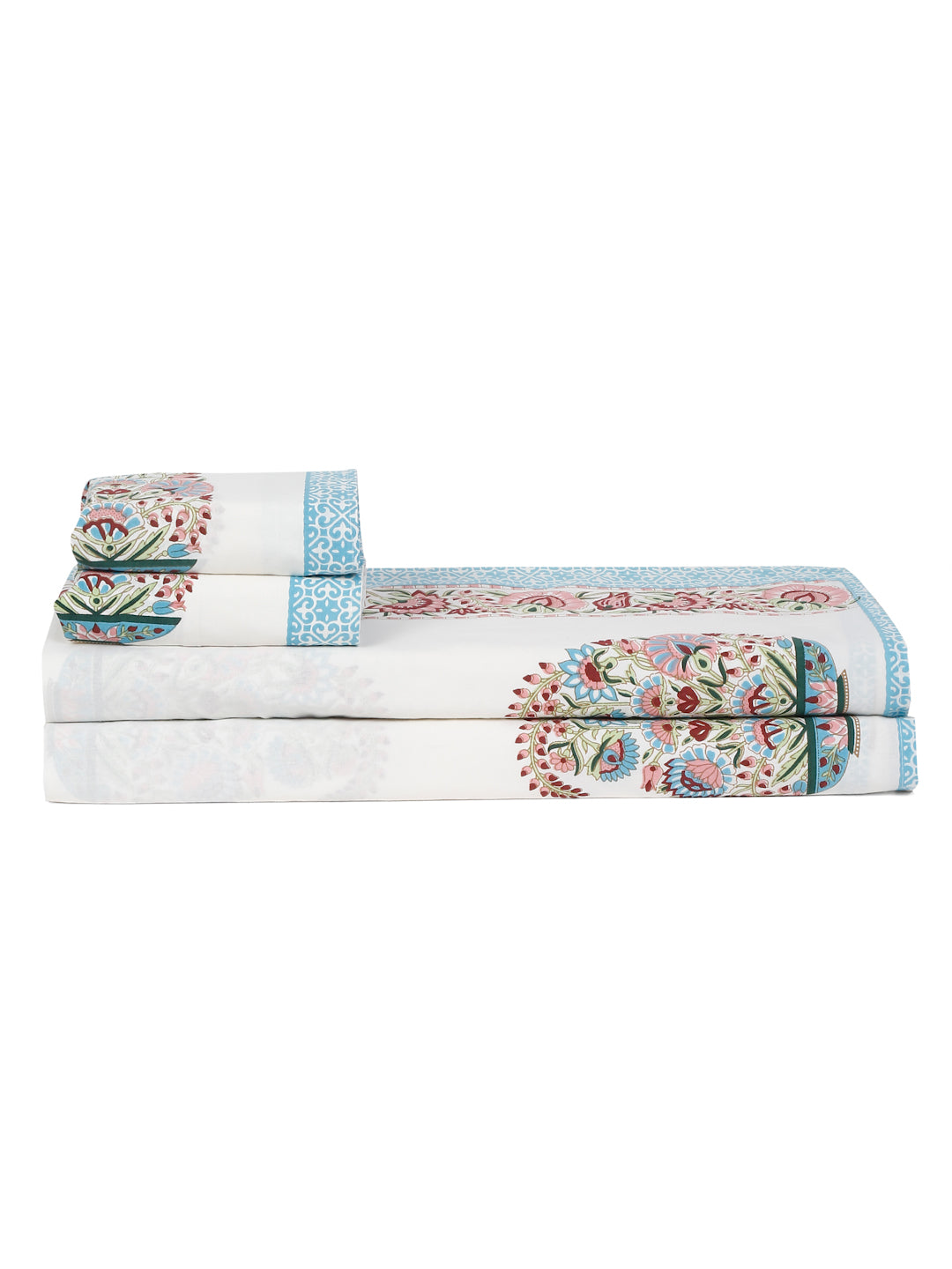 White Cotton Paisley Print King Bed sheet with 2 Pillow Covers
