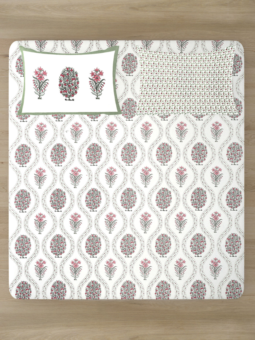 Cream Cotton Floral Print King Bed sheet with 2 Pillow Covers