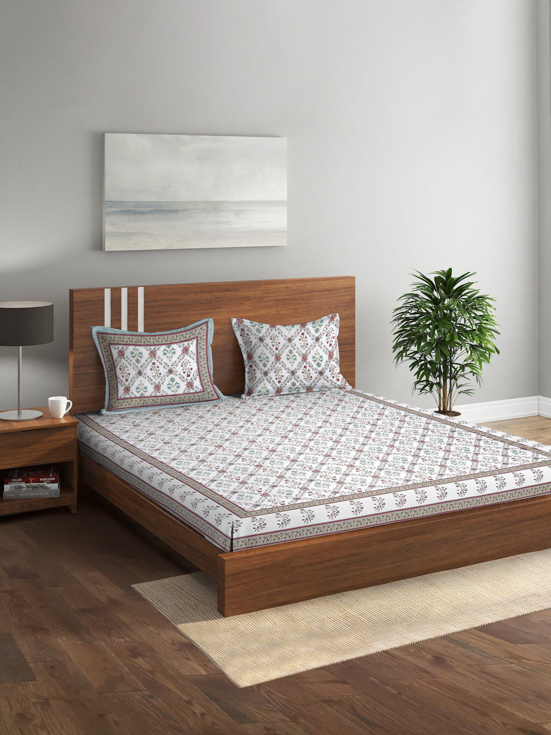 Rajasthan Decor White Cotton Floral Print Queen Bed sheet with 2 Pillow Covers