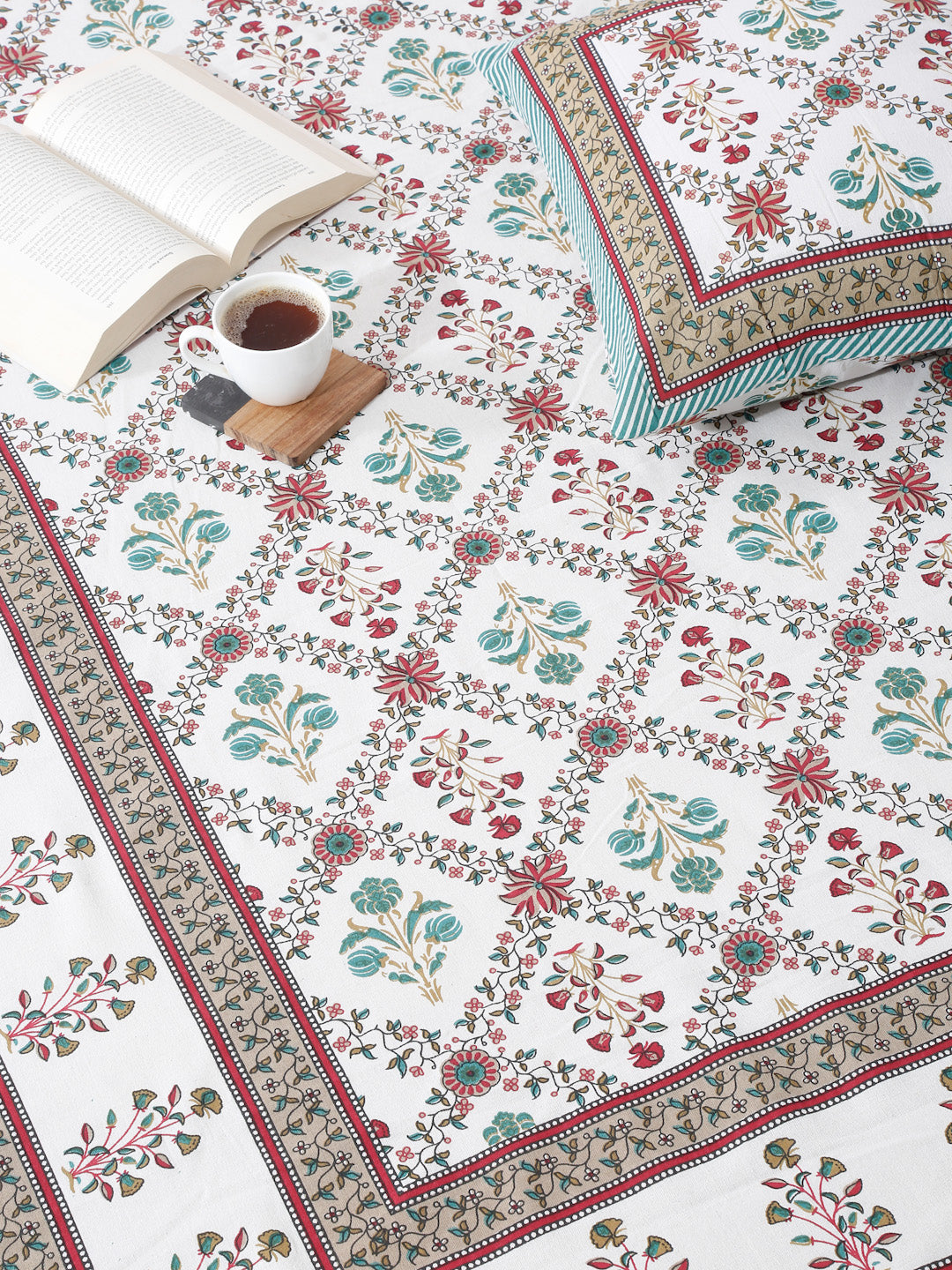 Rajasthan Decor White Cotton Floral Print Queen Bed sheet with 2 Pillow Covers