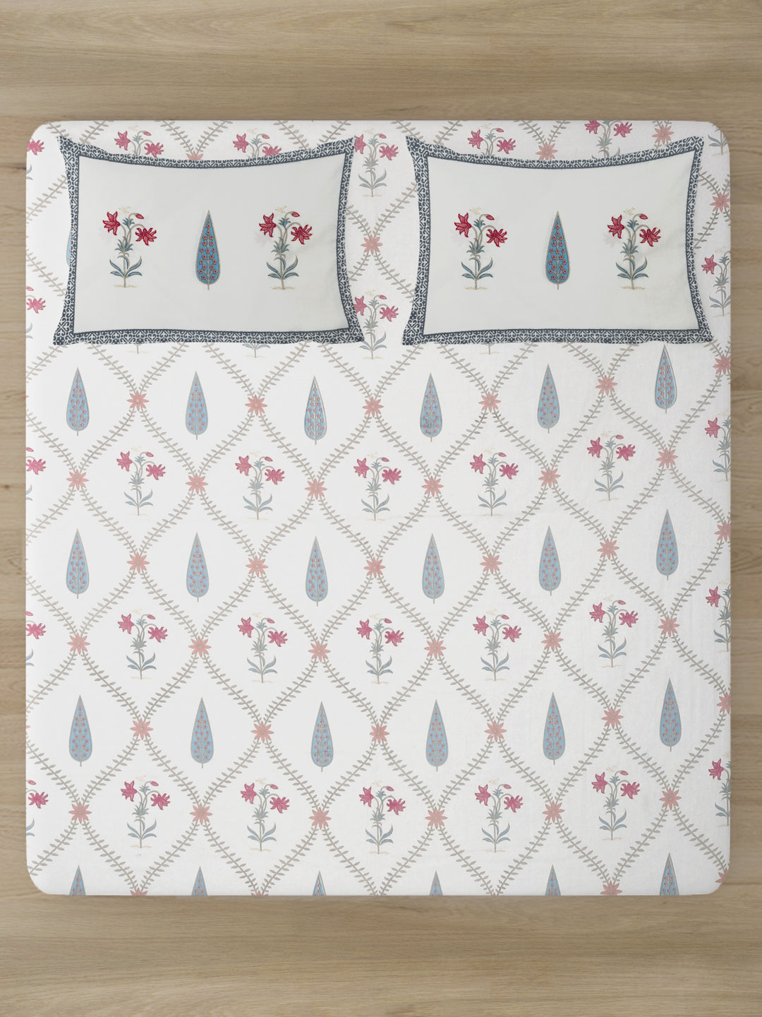 Rajasthan Decor White Cotton Floral Print Queen Bed sheet with 2 Pillow Covers
