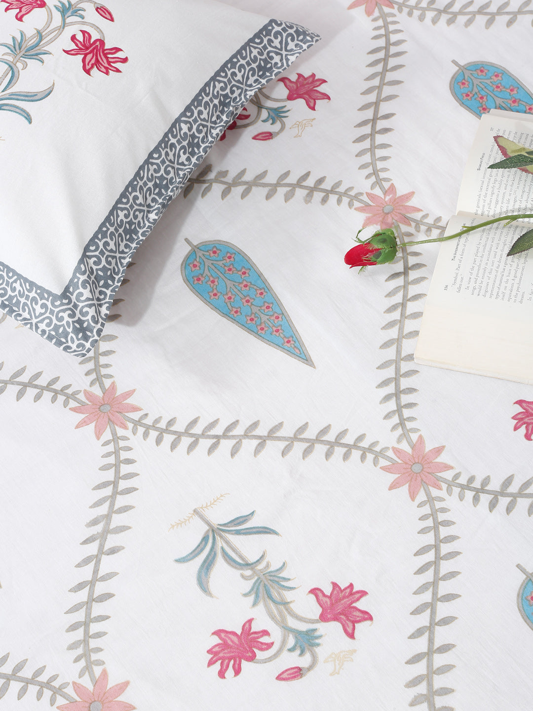 Rajasthan Decor White Cotton Floral Print Queen Bed sheet with 2 Pillow Covers