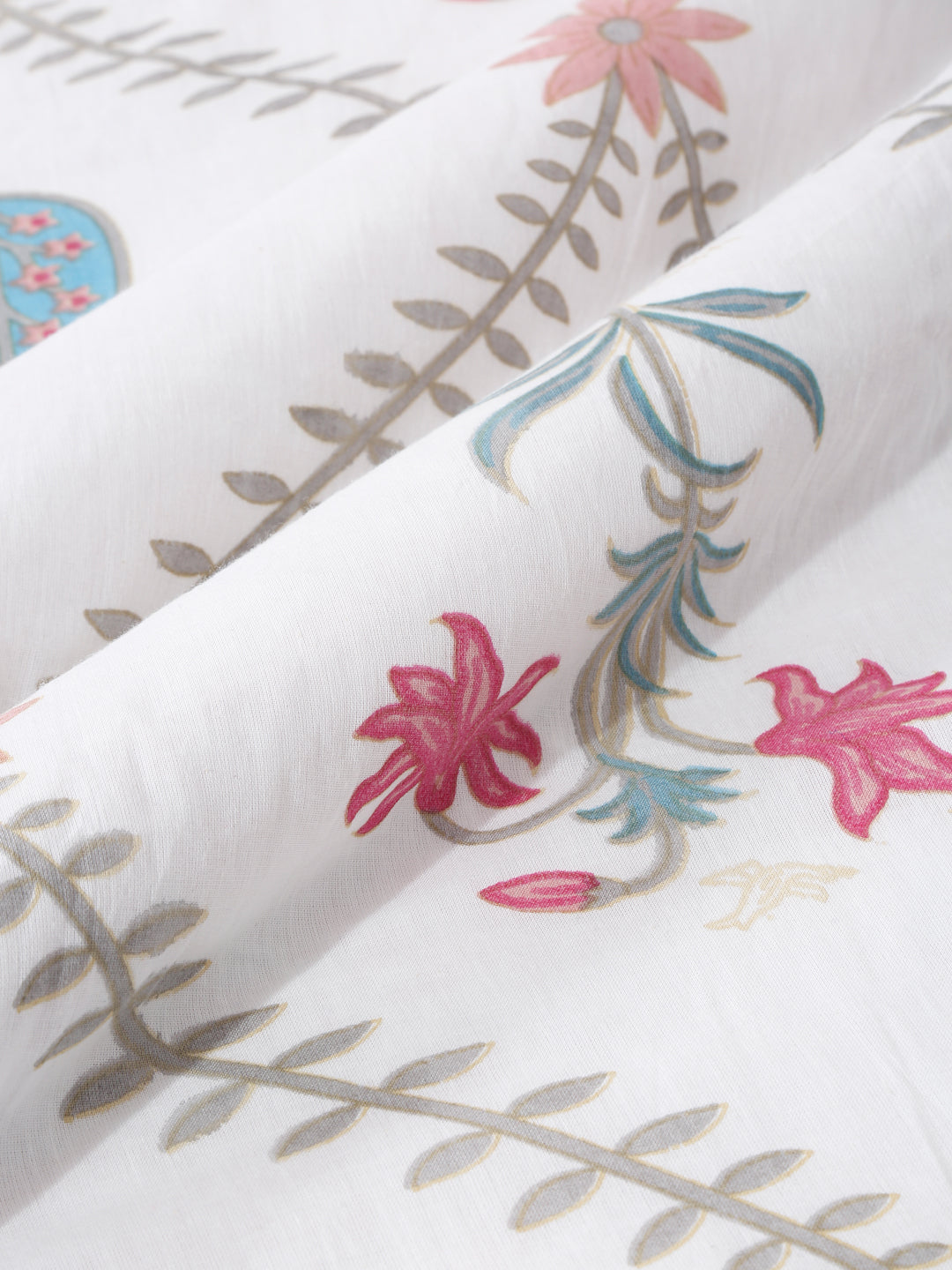 Rajasthan Decor White Cotton Floral Print Queen Bed sheet with 2 Pillow Covers