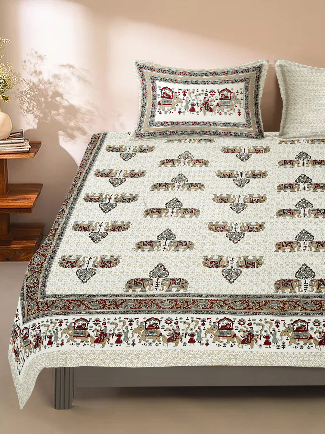 Multi Color Cotton Ethnic Print Queen Bed sheet with 2 Pillow Covers
