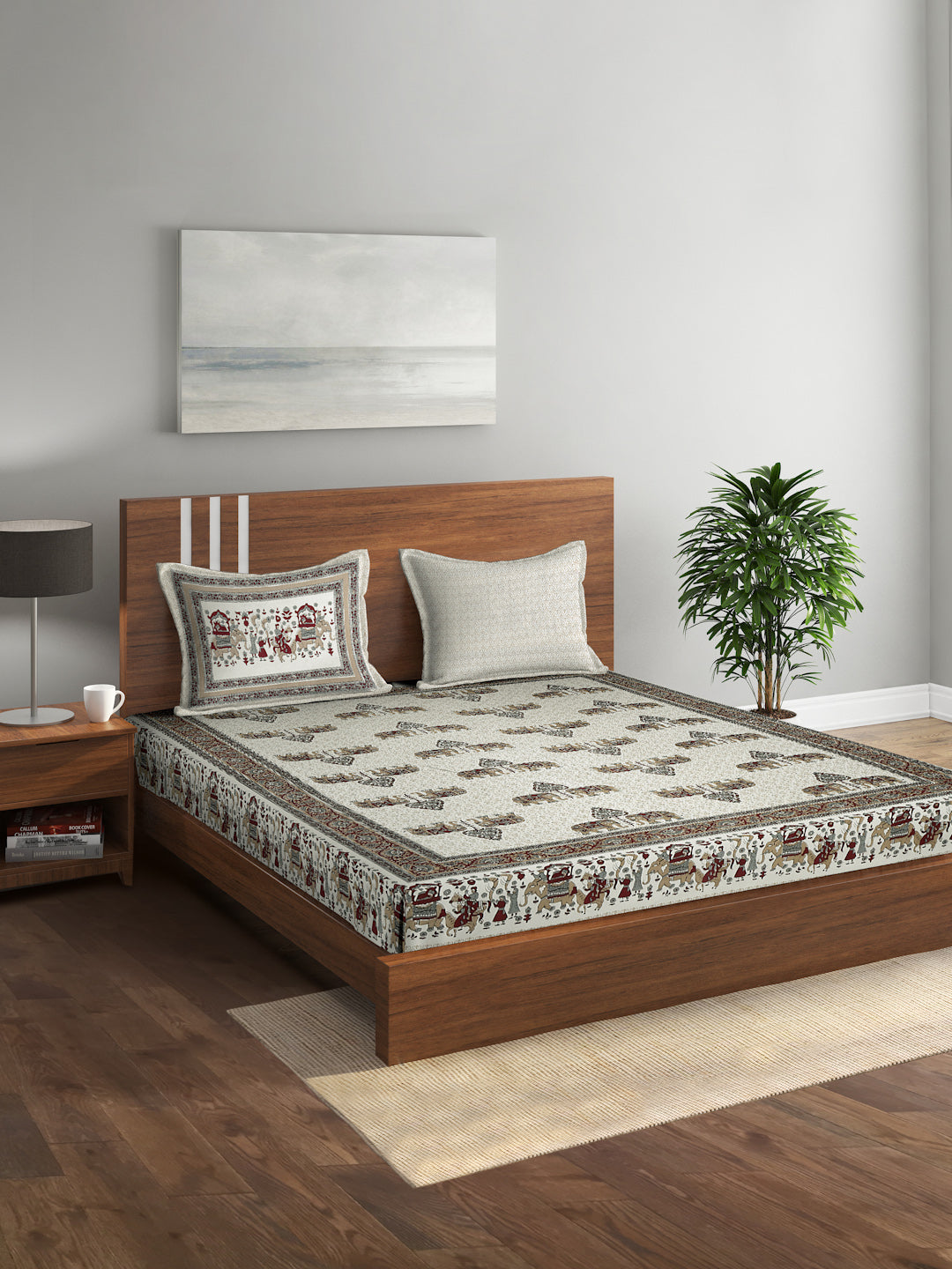 Multi Color Cotton Ethnic Print Queen Bed sheet with 2 Pillow Covers