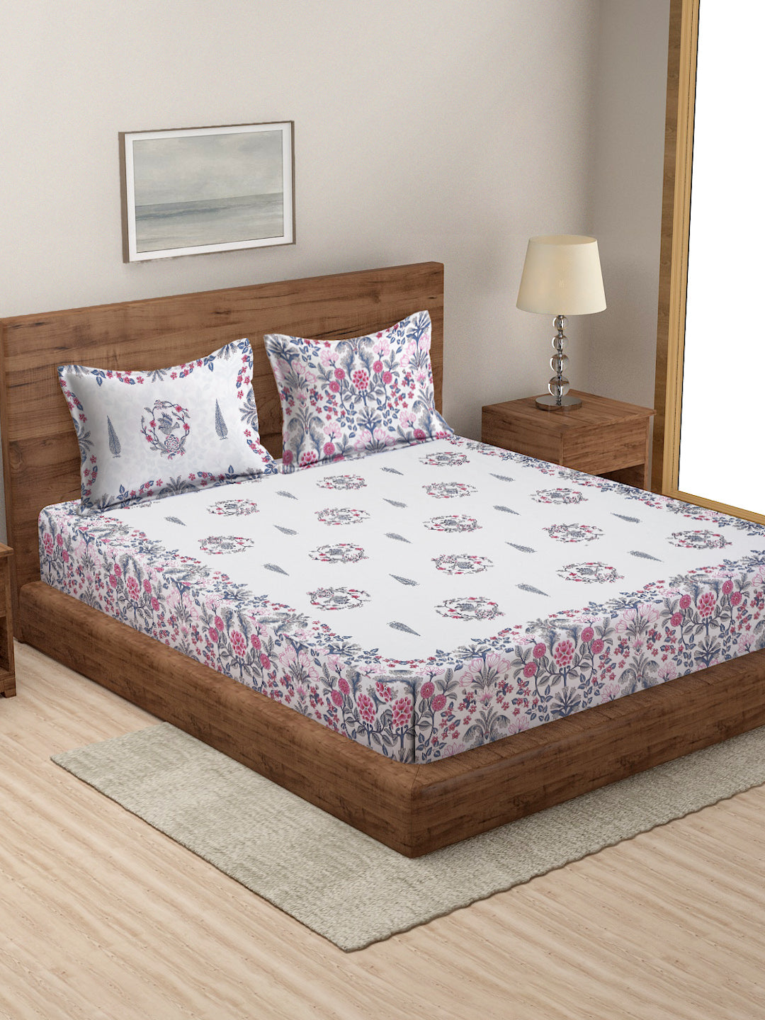 White Color Peach Floral Print Cotton King Size Bed sheet with 2 Pillow Covers