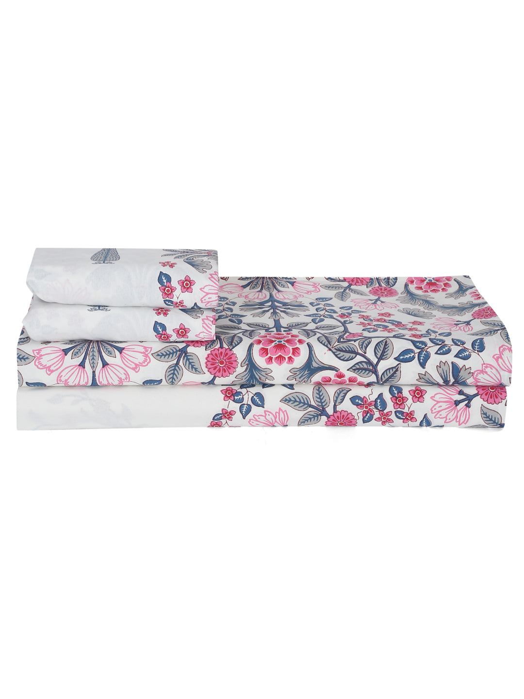 White Color Peach Floral Print Cotton King Size Bed sheet with 2 Pillow Covers