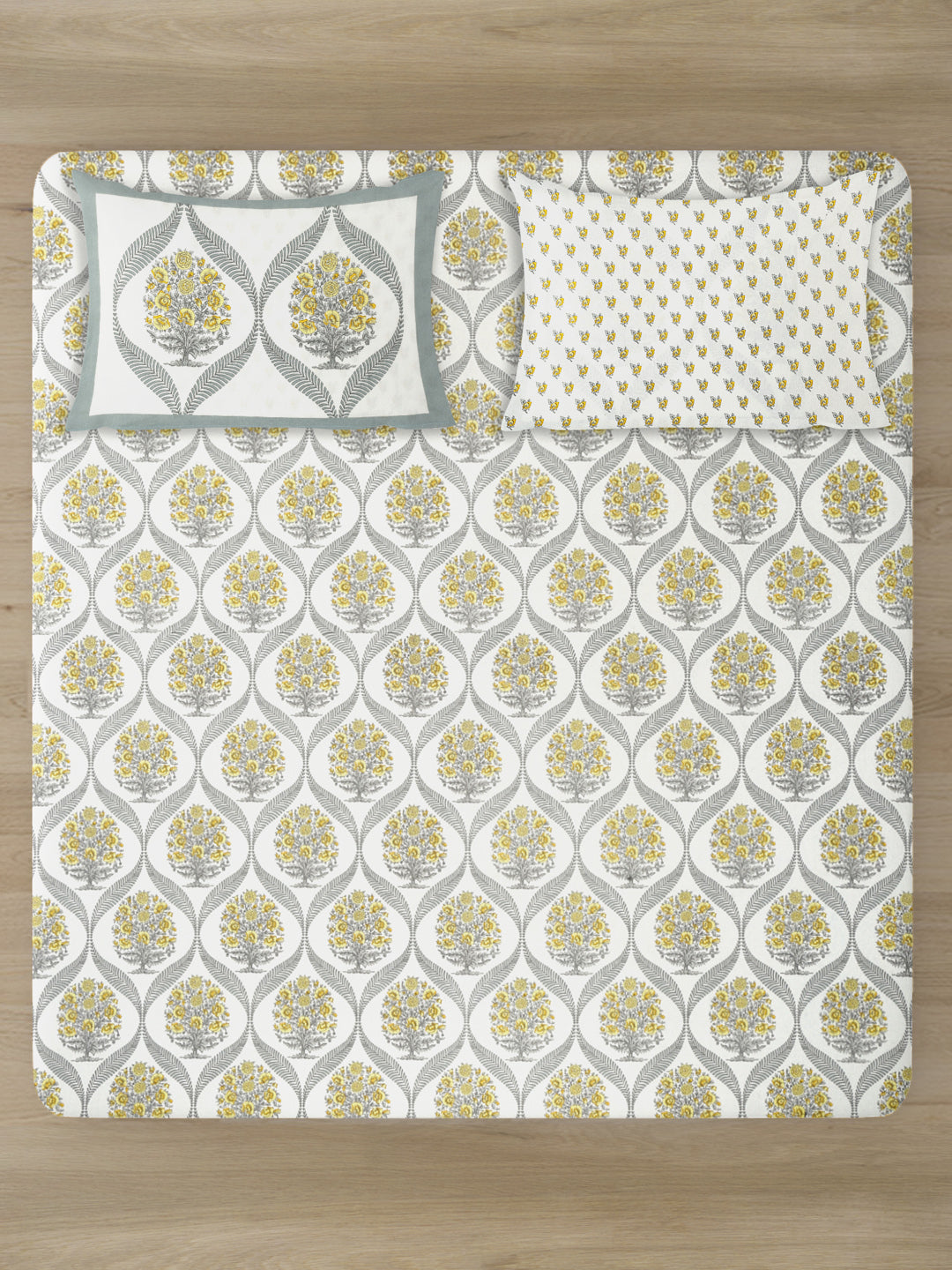 Floral Print White Cotton King Size Bed sheet with 2 Pillow Covers