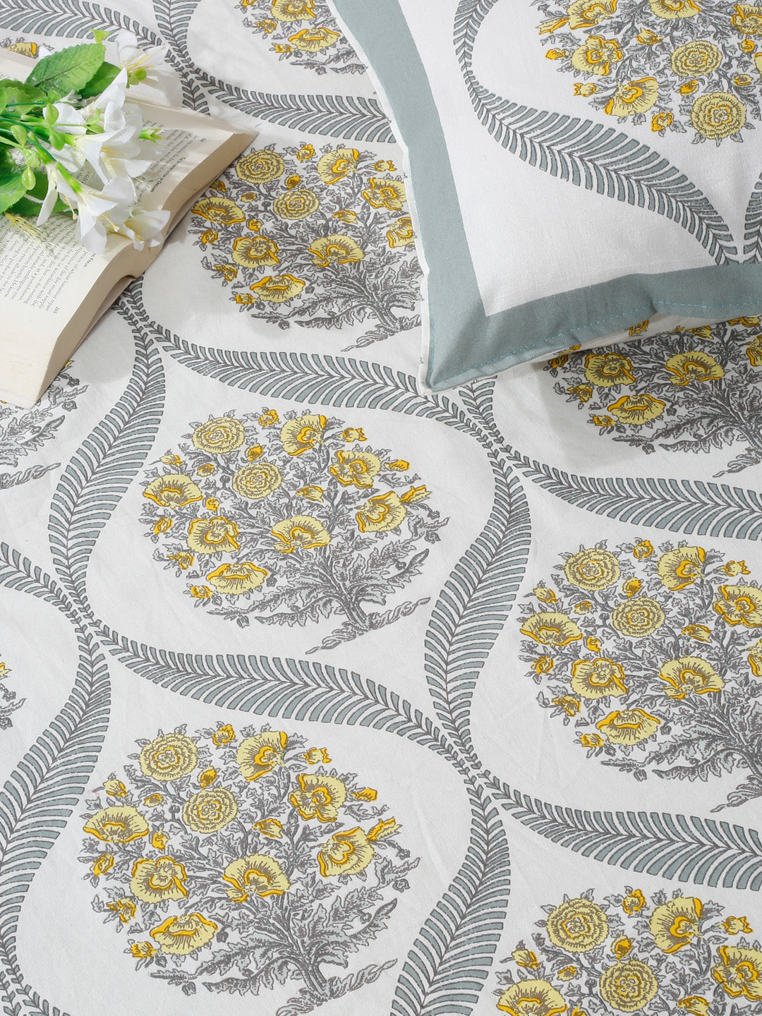 Floral Print White Cotton King Size Bed sheet with 2 Pillow Covers