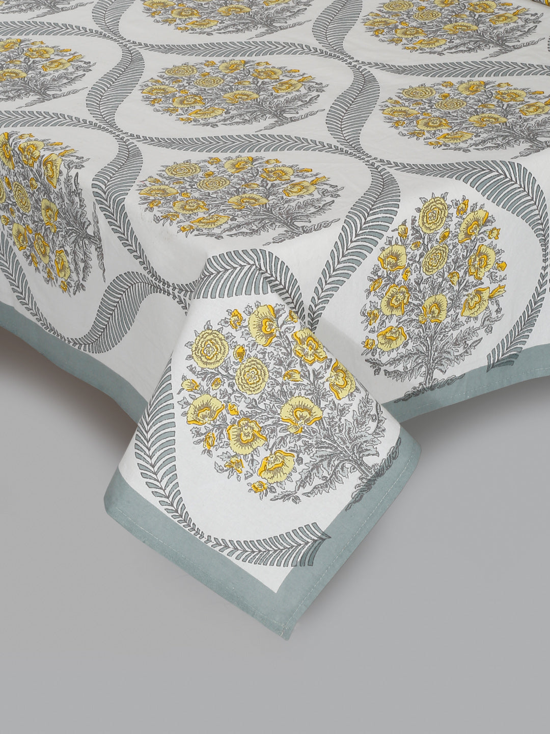 Floral Print White Cotton King Size Bed sheet with 2 Pillow Covers