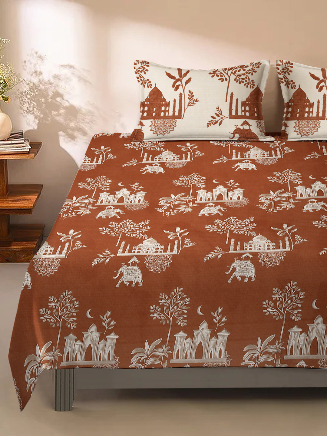 Floral Print Maroon Cotton King Size Bed sheet with 2 Pillow Covers