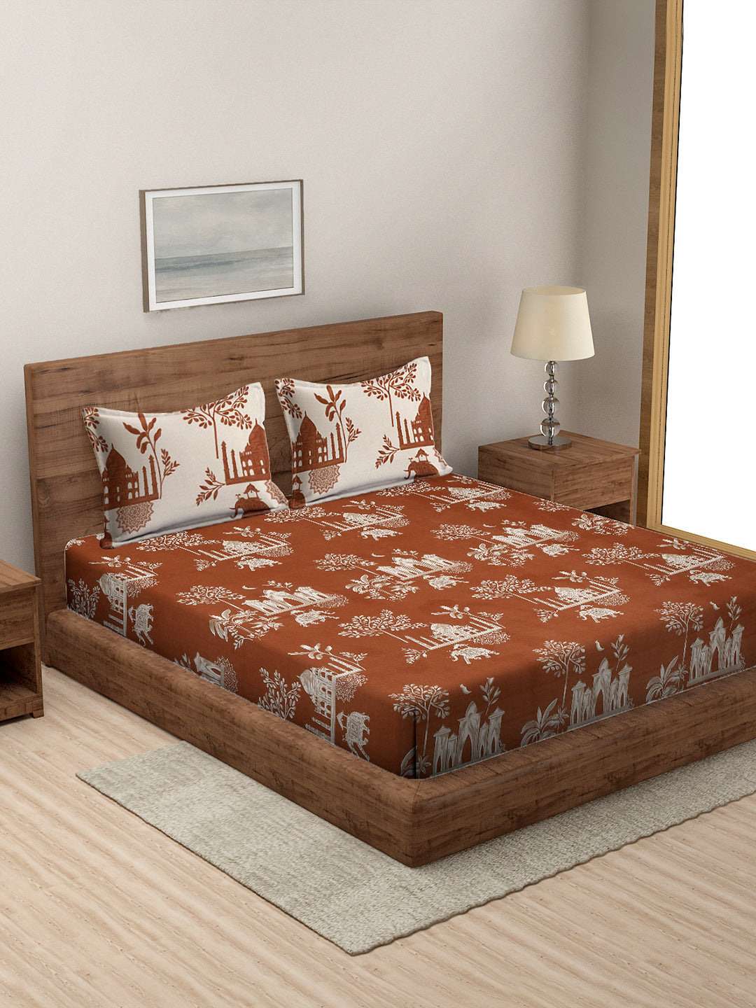 Floral Print Maroon Cotton King Size Bed sheet with 2 Pillow Covers