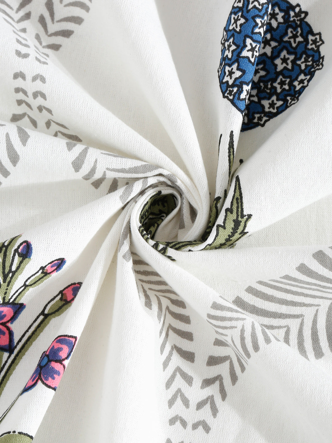 Rajasthan Decor Floral Print White and Green King Size Bed Sheet with 2 Pillow Covers