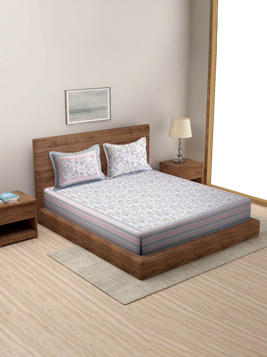 White Floral Print 144 TC Cotton Double Bed sheet with 2 Pillow Covers