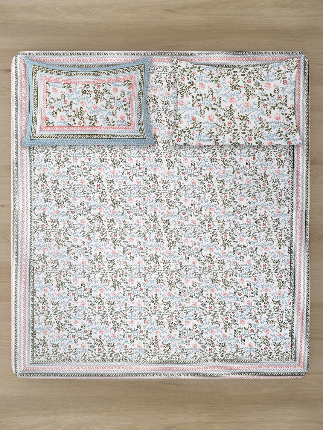 White Floral Print 144 TC Cotton Double Bed sheet with 2 Pillow Covers
