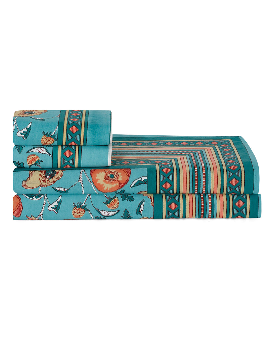 Green Floral Print 180 TC Cotton King Bed sheet with 2 Pillow Covers