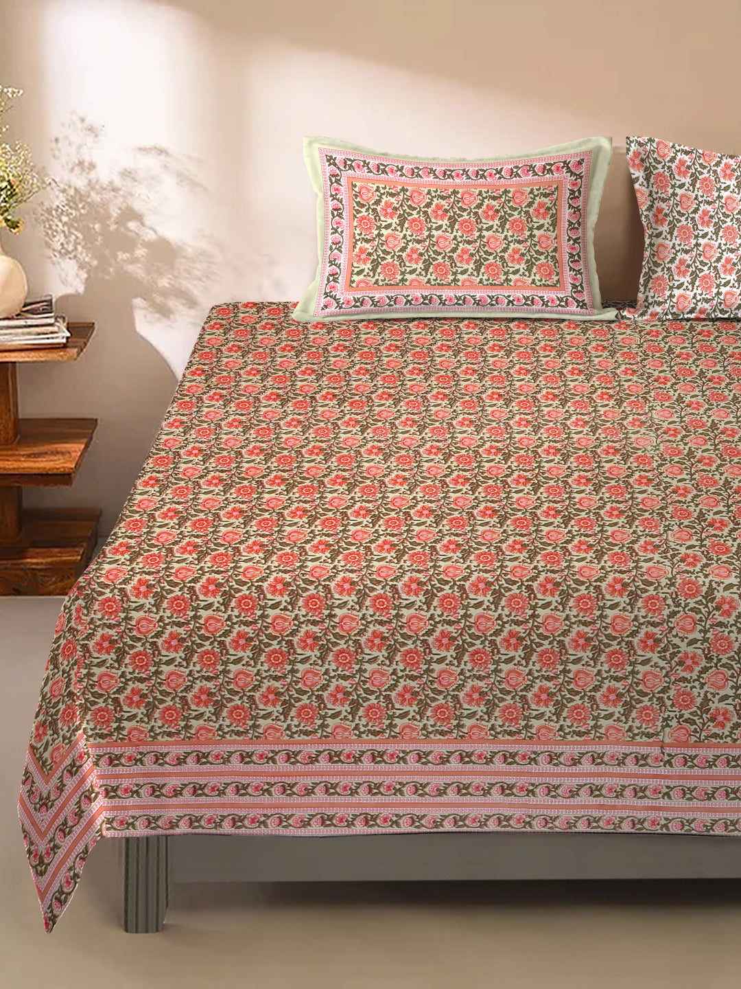 Orange Floral Print 180 TC Cotton King Bed sheet with 2 Pillow Covers