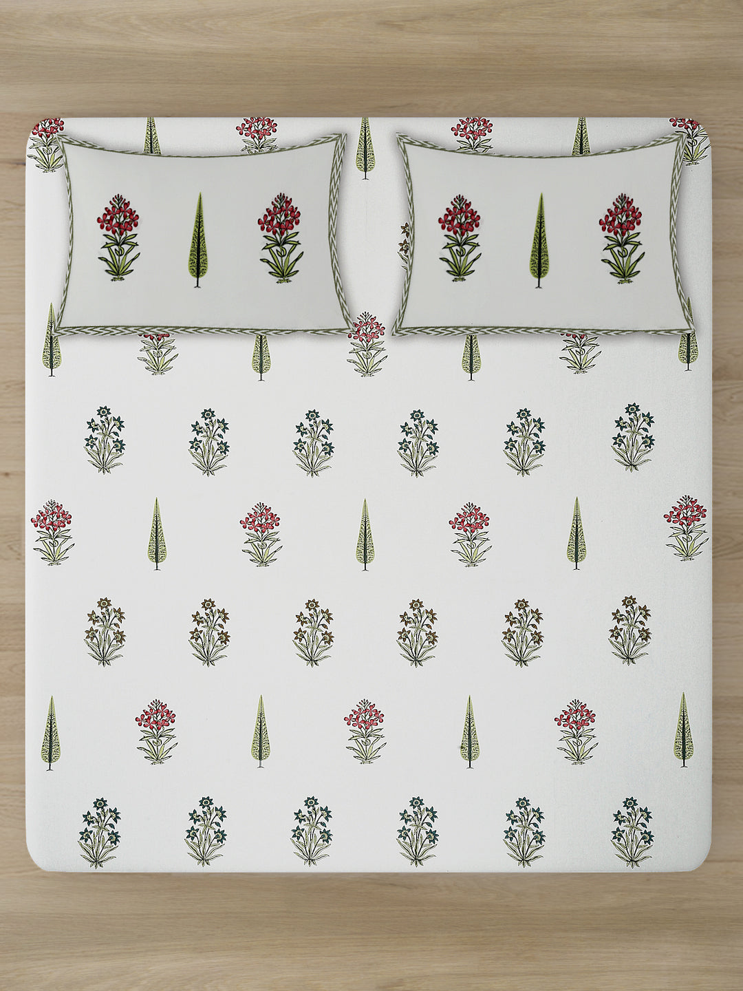 White Floral Print 180 TC Cotton King Bed sheet with 2 Pillow Covers