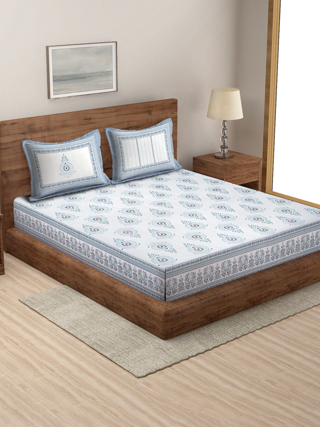 White and Blue Ethnic Motif 180 TC Cotton Super King Bed Sheet with 2 Pillow Covers