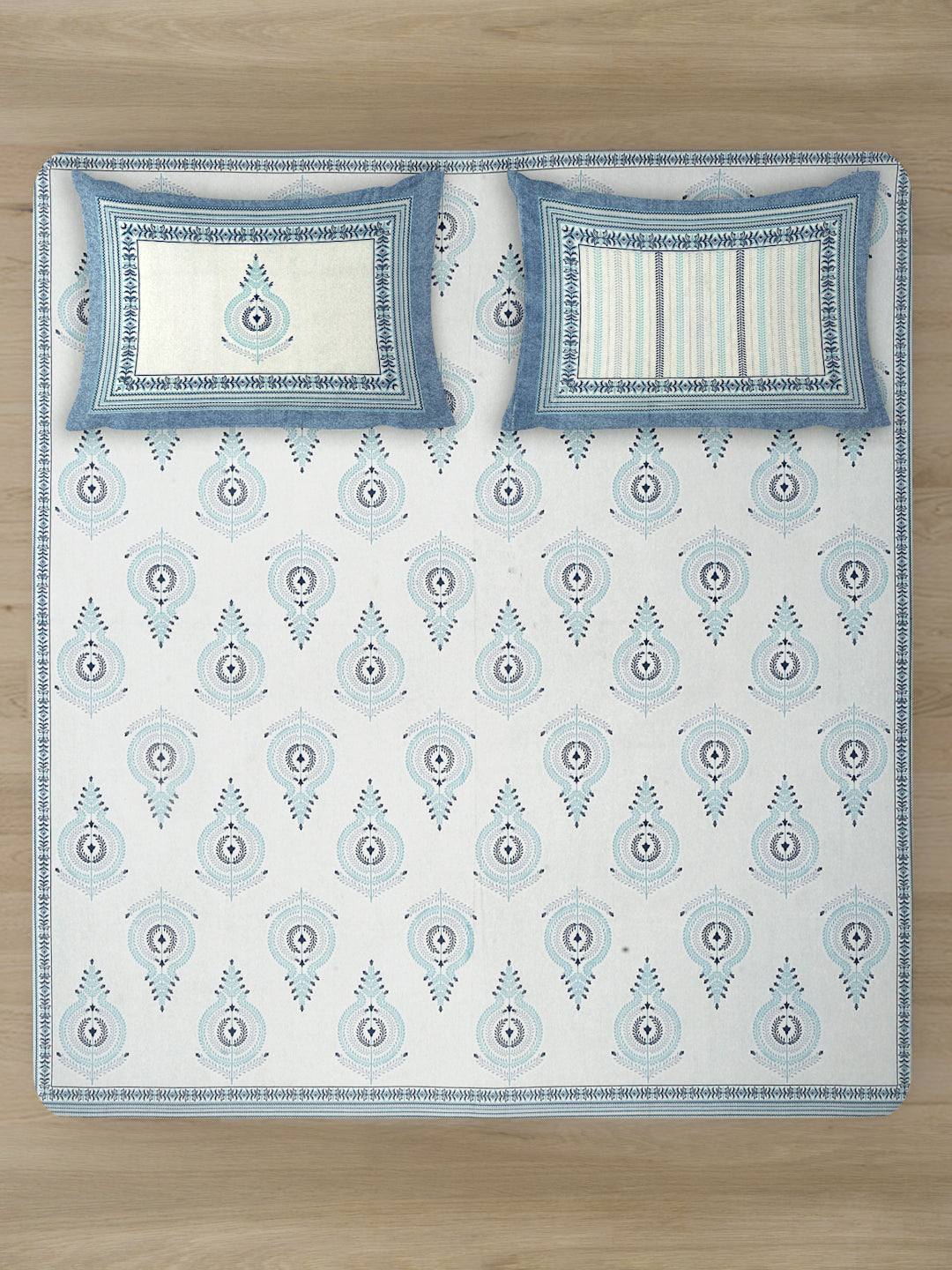 White and Blue Ethnic Motif 180 TC Cotton Super King Bed Sheet with 2 Pillow Covers
