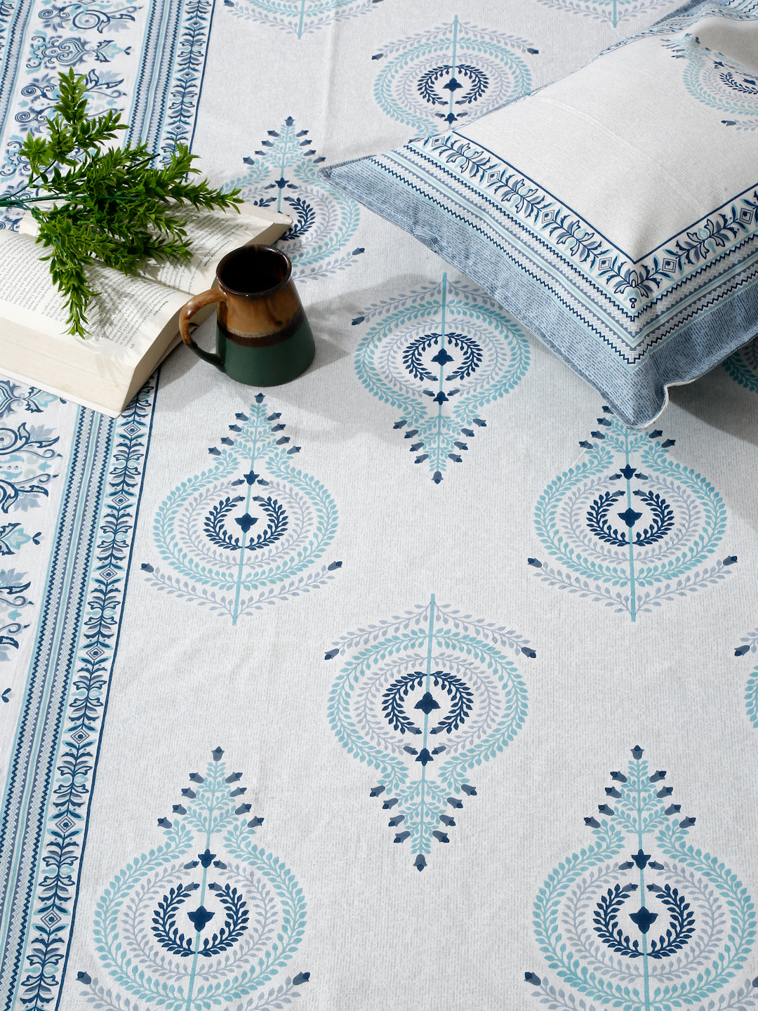 White and Blue Ethnic Motif 180 TC Cotton Super King Bed Sheet with 2 Pillow Covers
