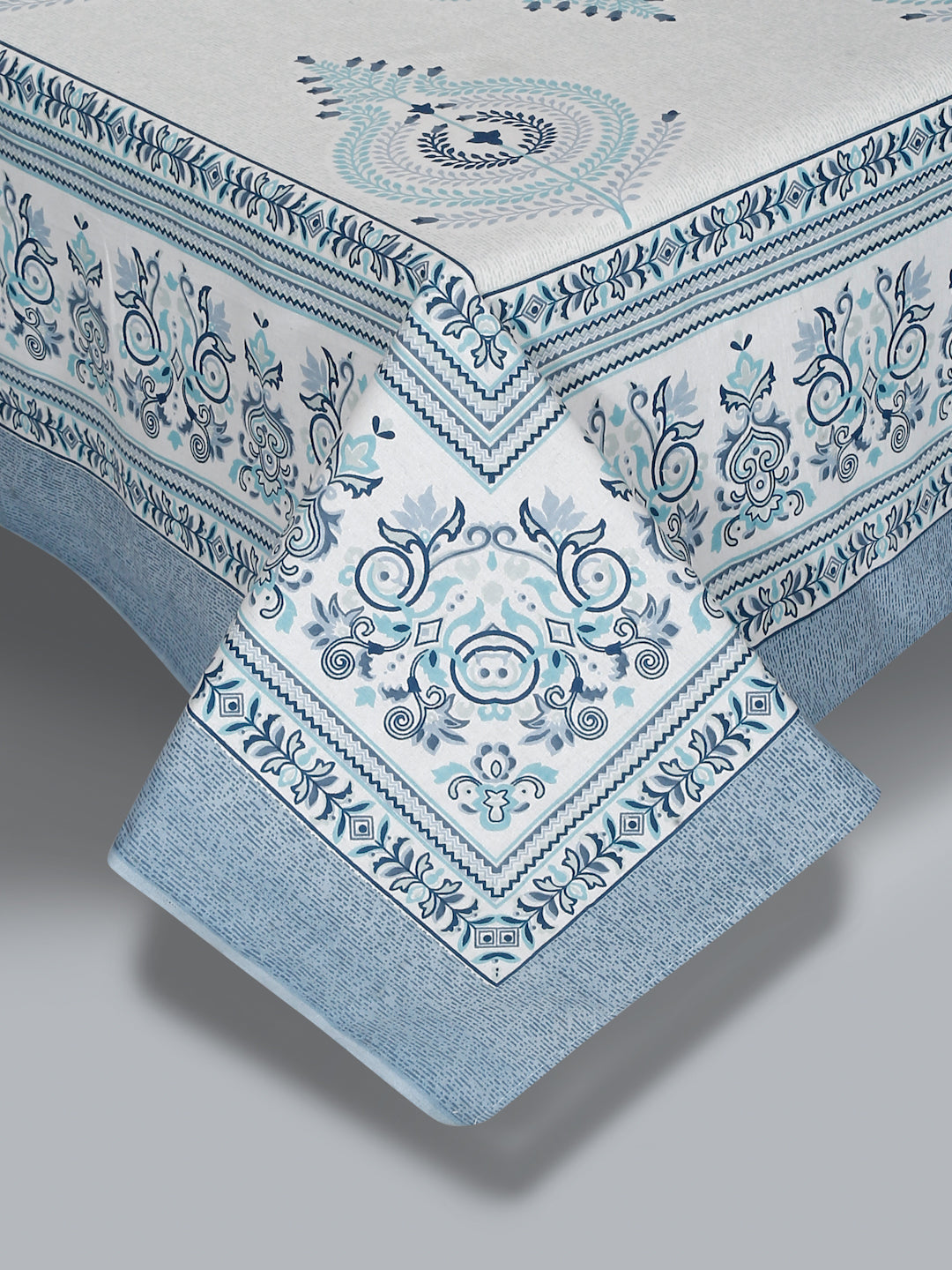 White and Blue Ethnic Motif 180 TC Cotton Super King Bed Sheet with 2 Pillow Covers