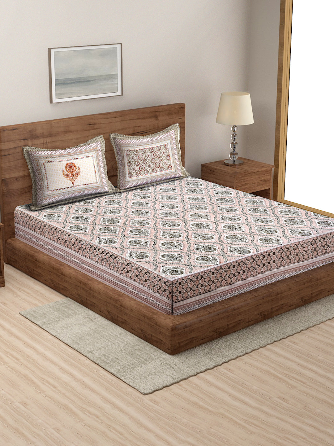 Light Peach Ethnic Motif 180 TC Cotton Super King Bed Sheet with 2 Pillow Covers