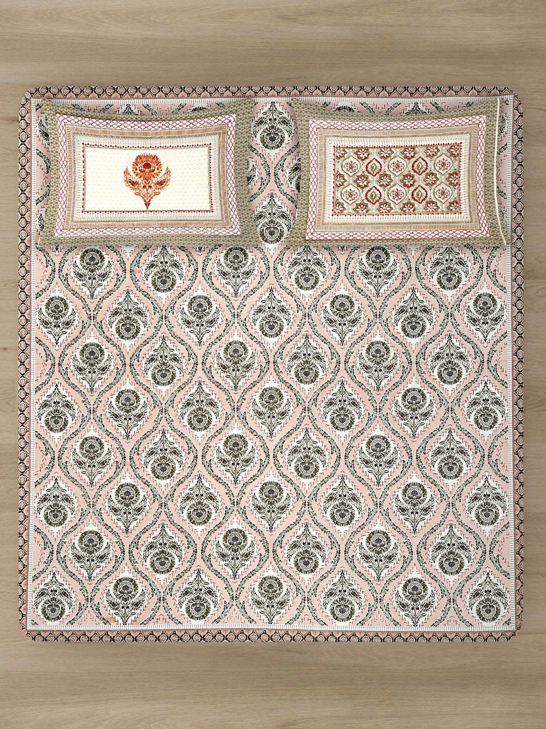 Light Peach Ethnic Motif 180 TC Cotton Super King Bed Sheet with 2 Pillow Covers