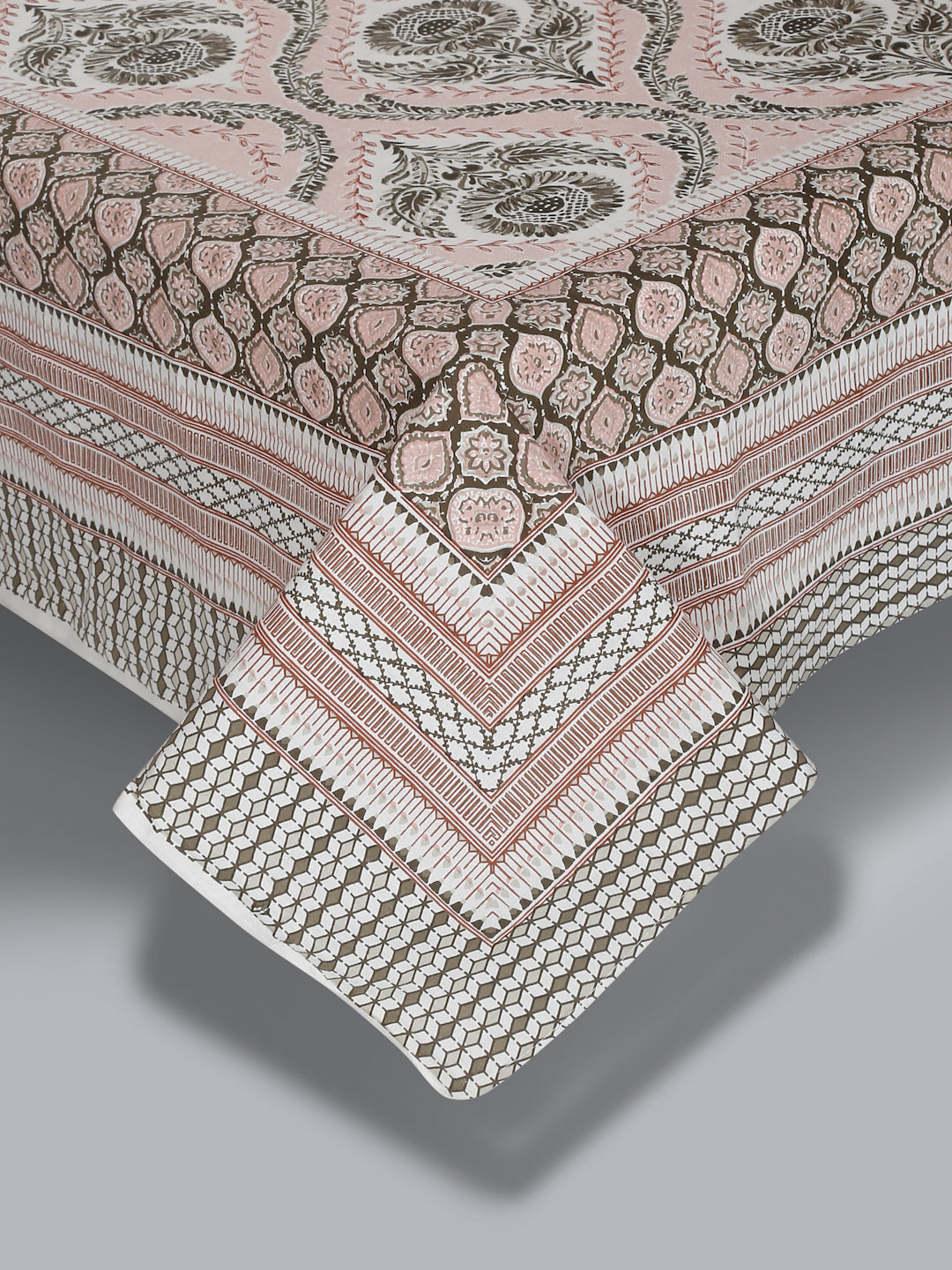 Light Peach Ethnic Motif 180 TC Cotton Super King Bed Sheet with 2 Pillow Covers