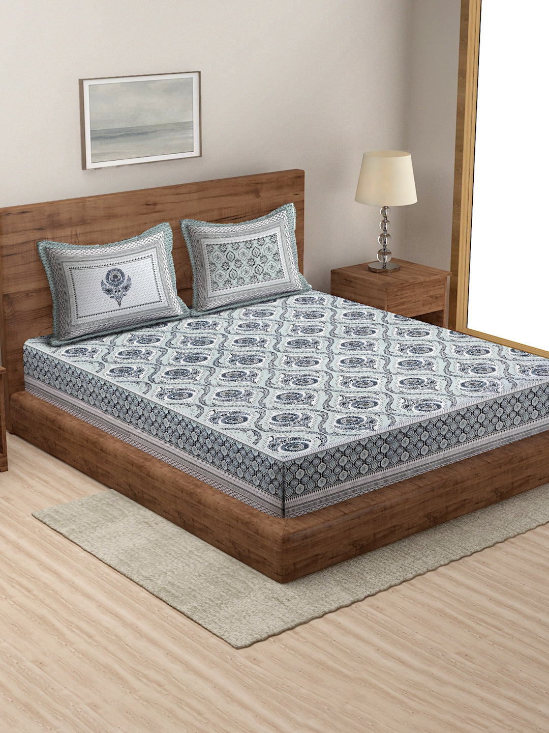 Grey and Green Ethnic Motif 180 TC Cotton Super King Bed Sheet with 2 Pillow Covers